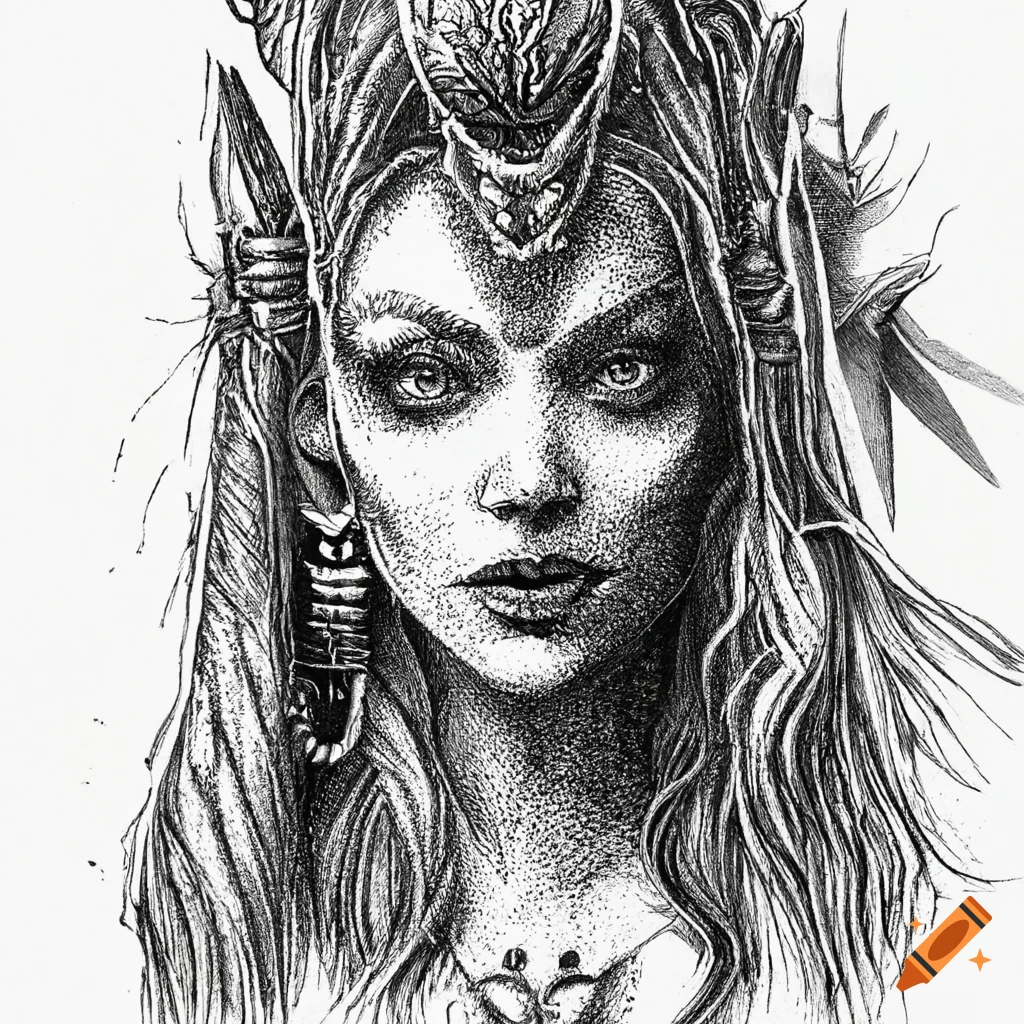 Stipple drawing of a sorceress character in black ink
