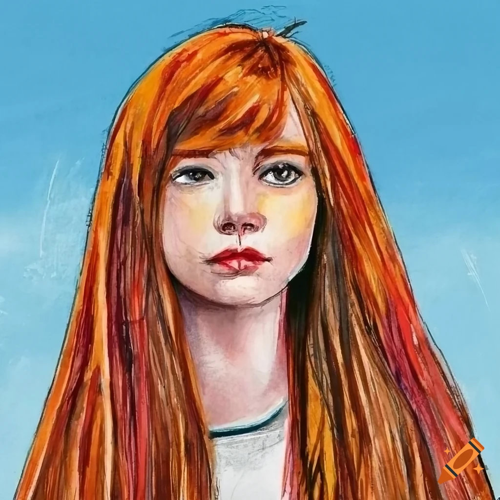 Crayon portrait of a red-haired girl with an industrial backdrop
