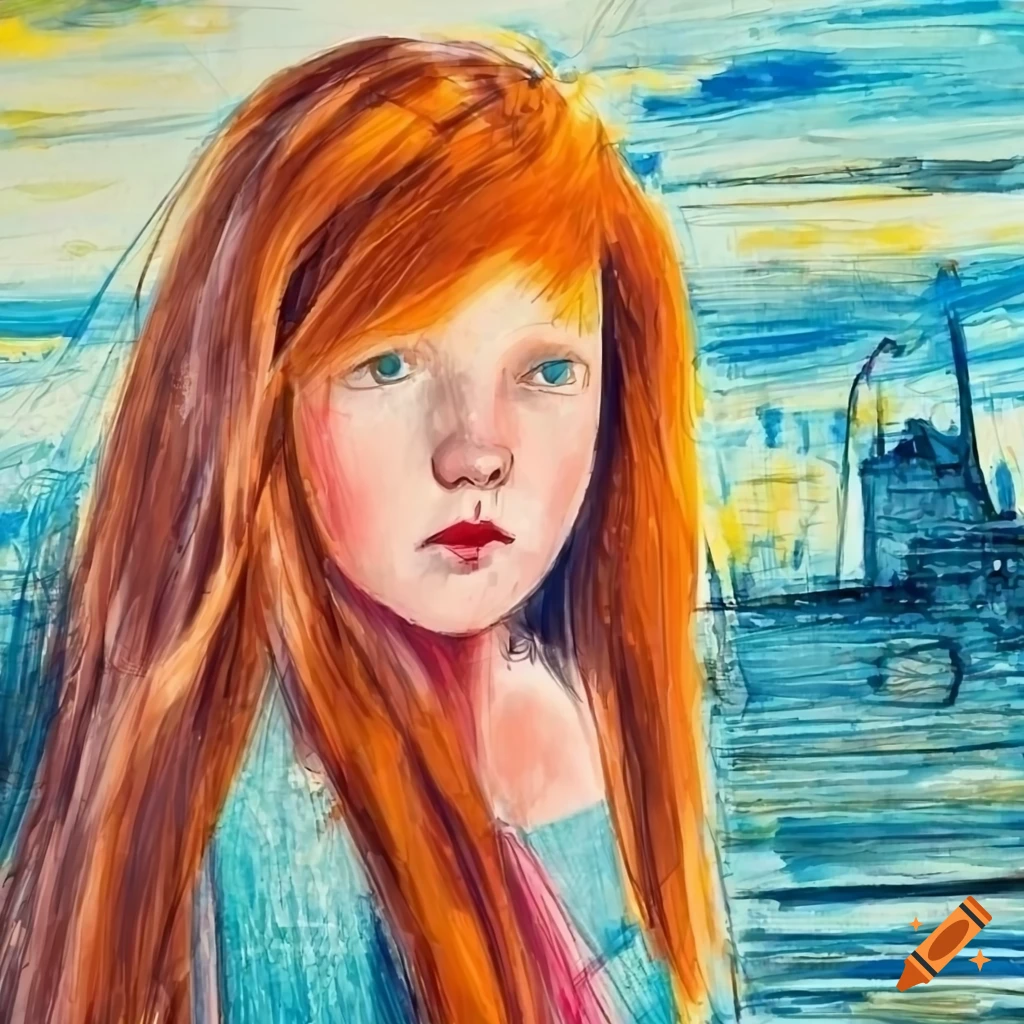 crayon drawing of a girl with red hair against industrial landscape
