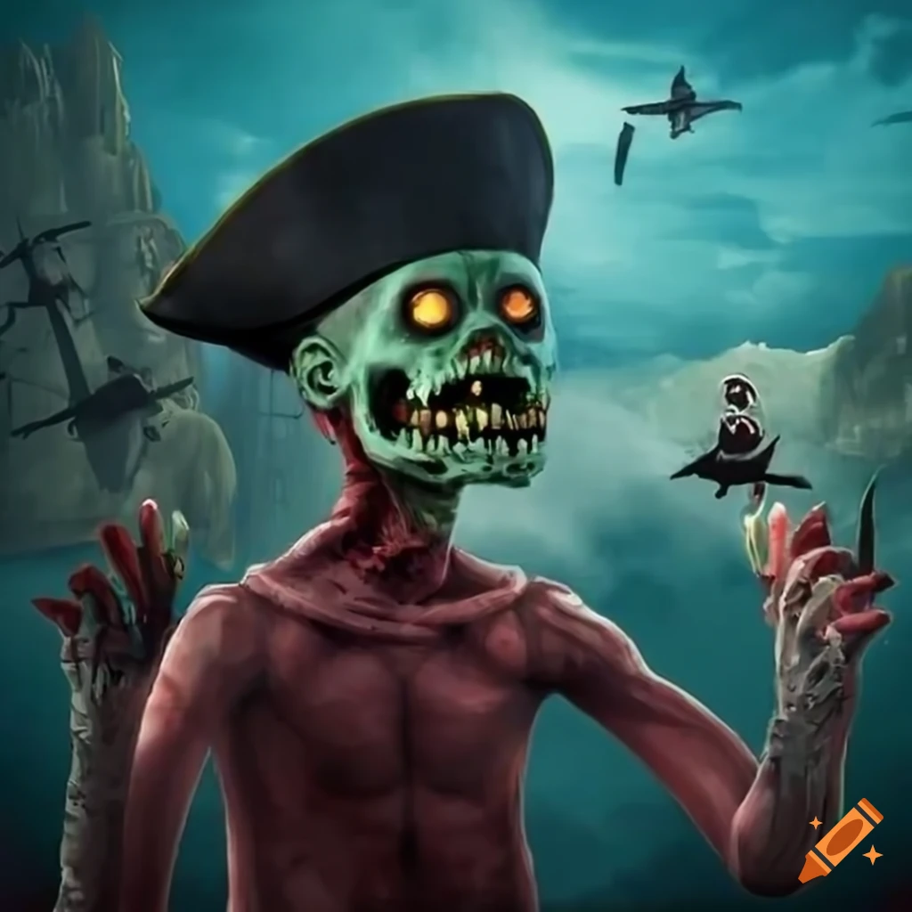 surreal image with a zombie, disco man, and pirate with a fighter jet