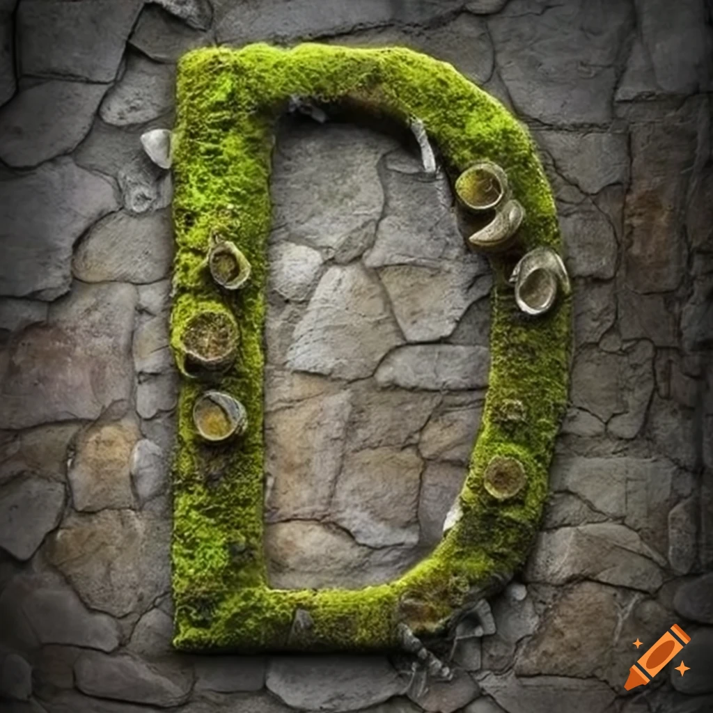 steampunk letter "A" on moss-covered stone