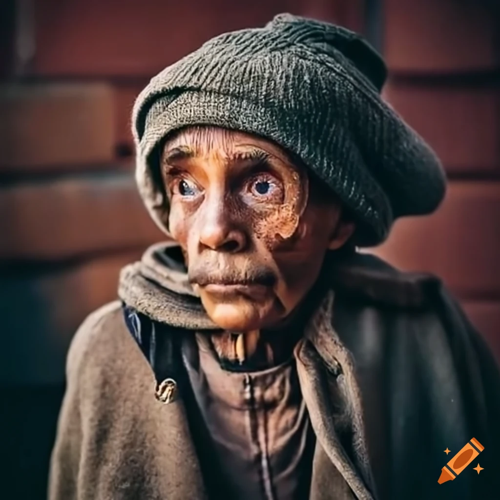 portrait of a beggar in a European village