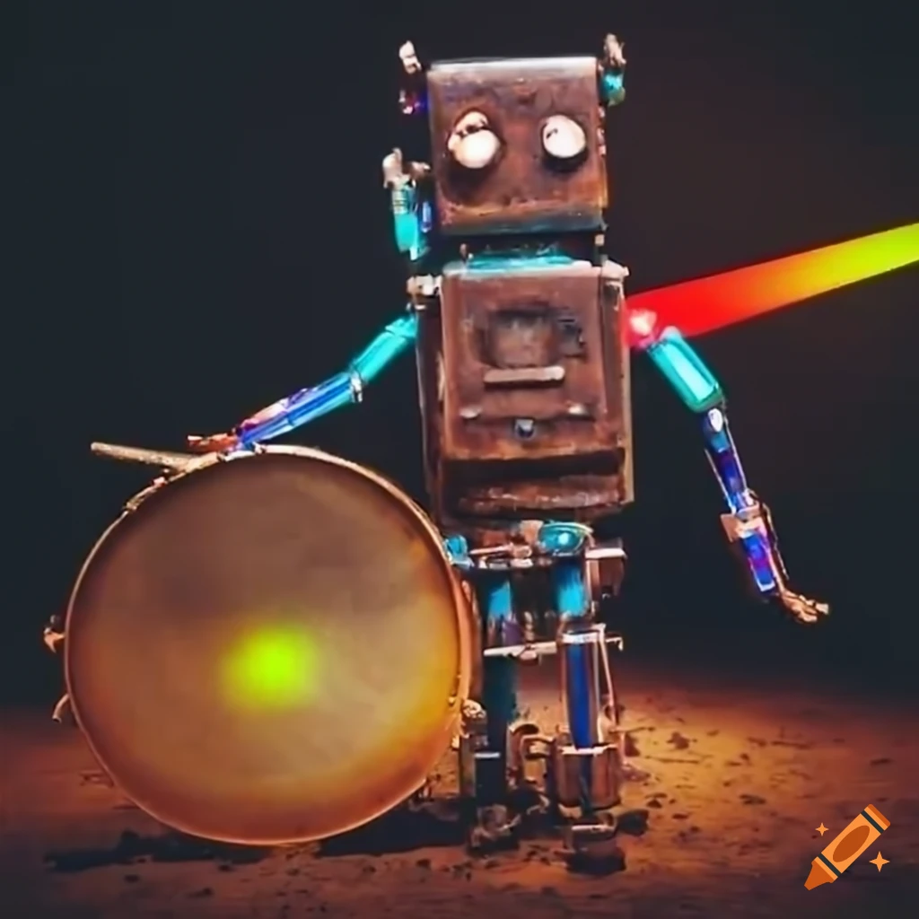 rusty robot playing drums with rainbow lasers