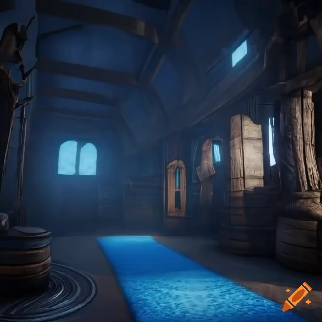 sci-fi indoor scene with blue torches in a dark forest