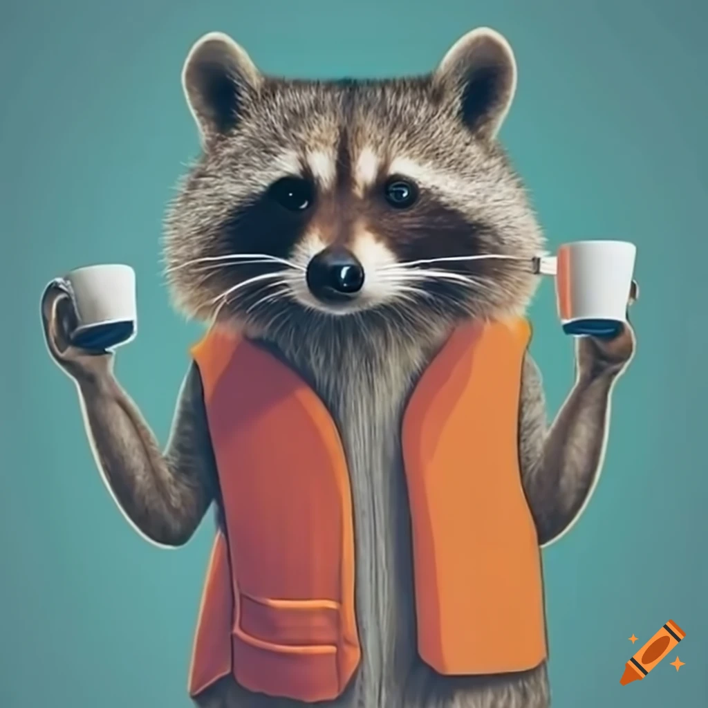 racoon in orange vest delivering coffee to office worker