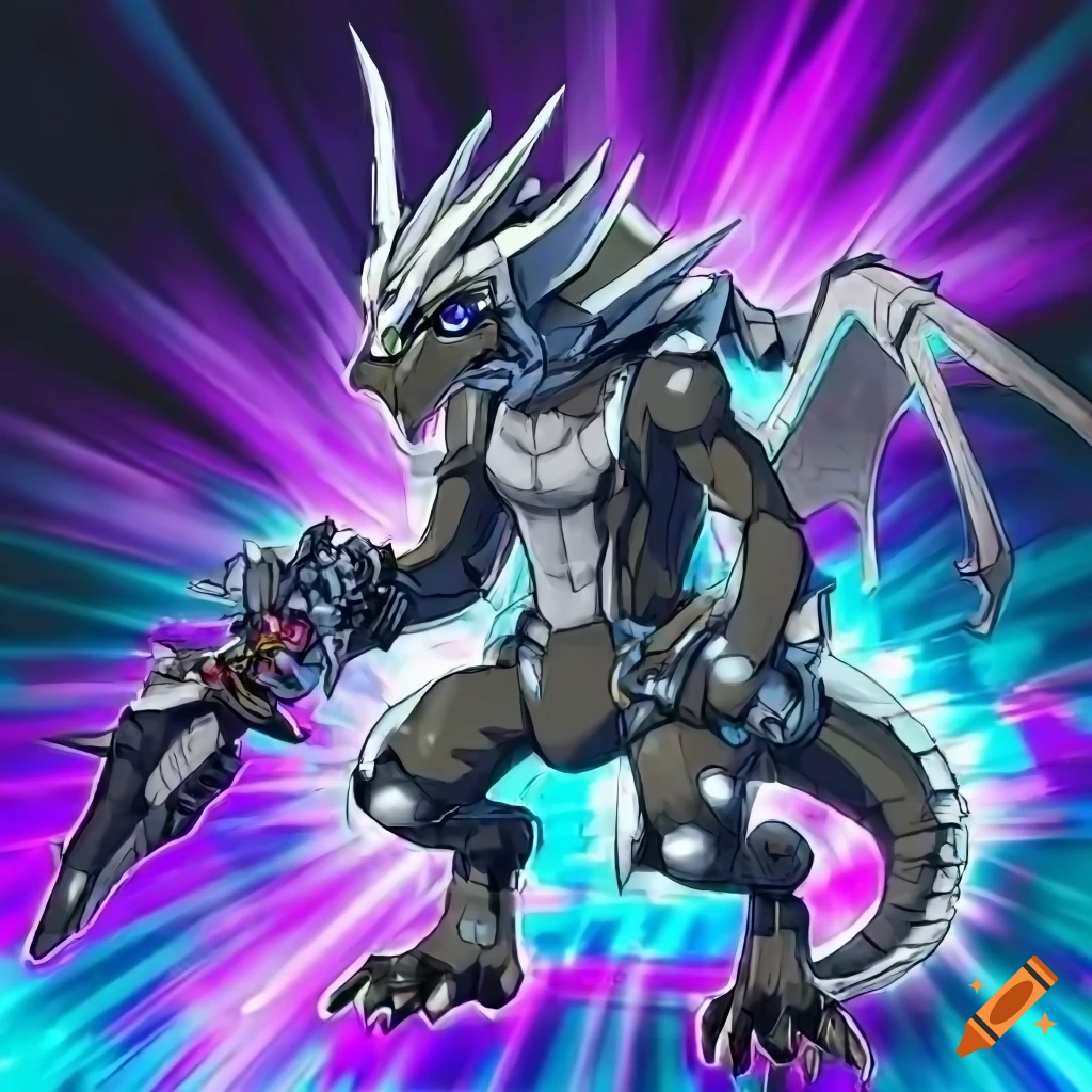 Yu-gi-oh! style artwork of a white anthropomorphic dragon with a ...