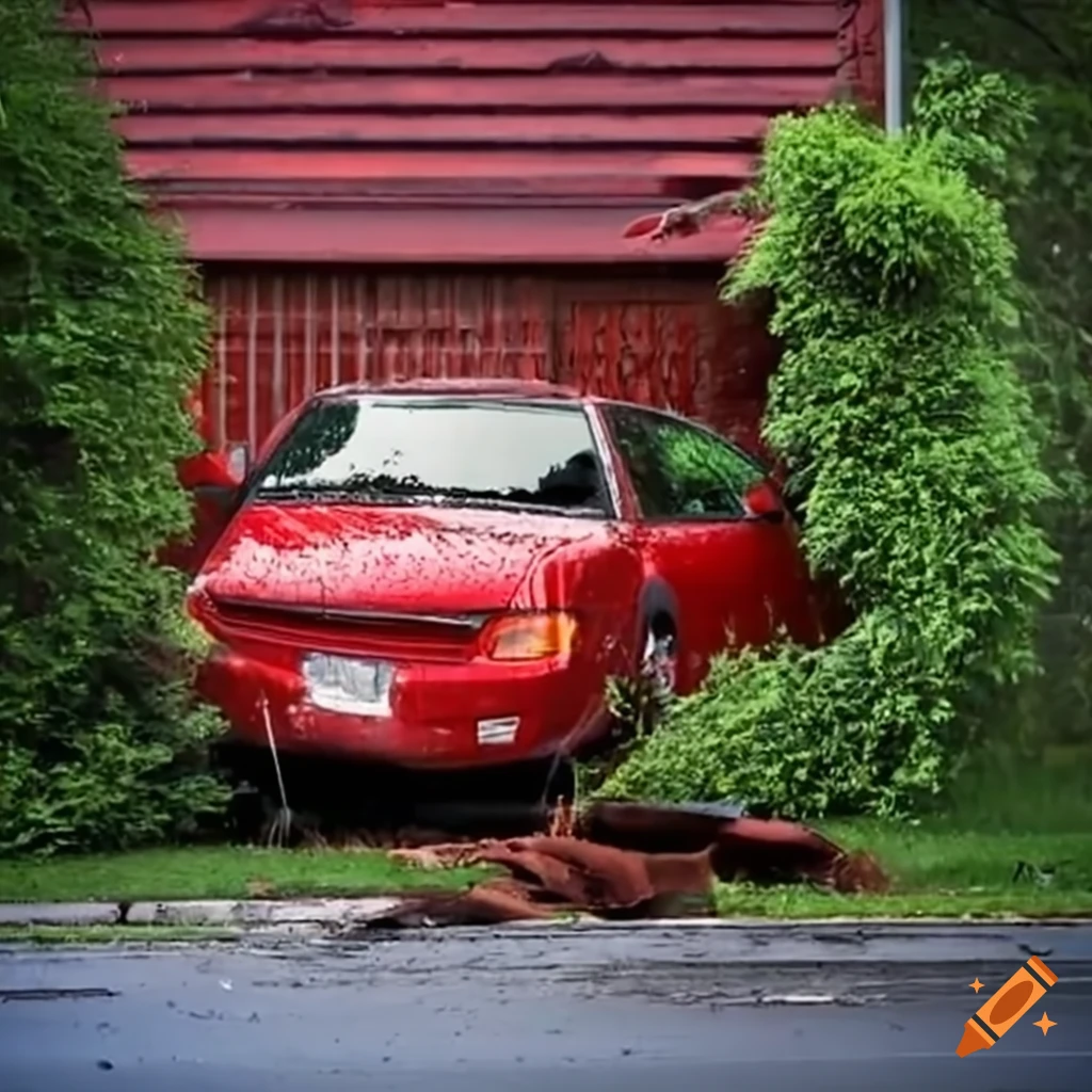 red car crashing through a live fence into a house