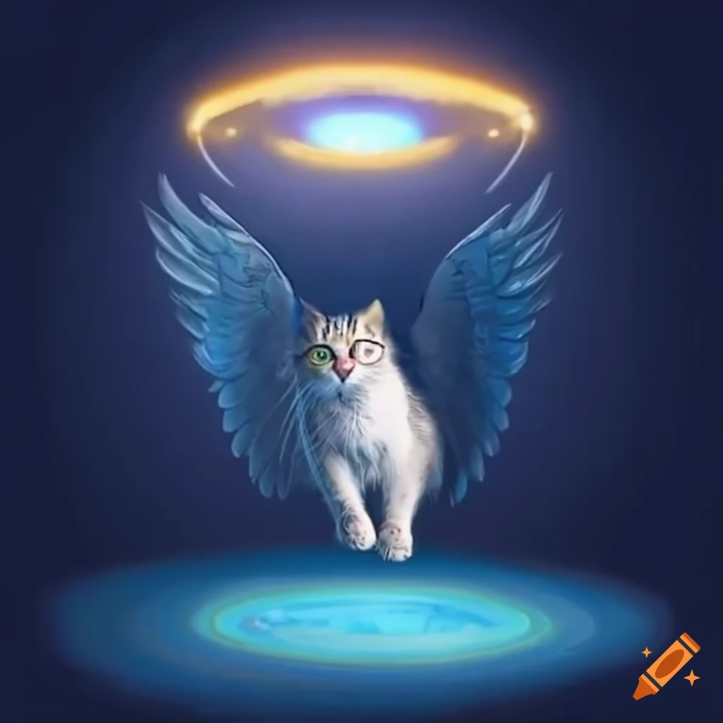 cat with halo and angel wings emerging from a portal
