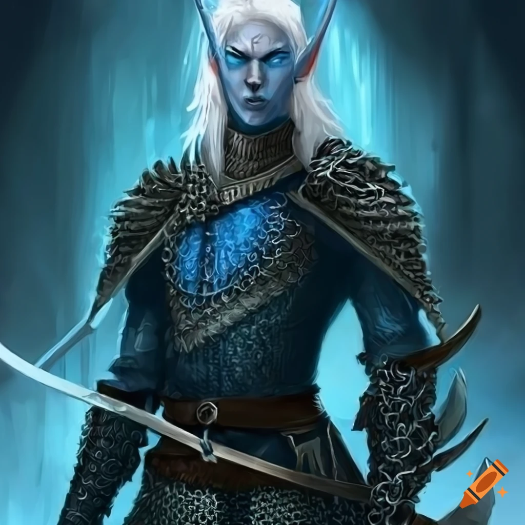 Artwork of a male elf ranger with white hair and dual swords