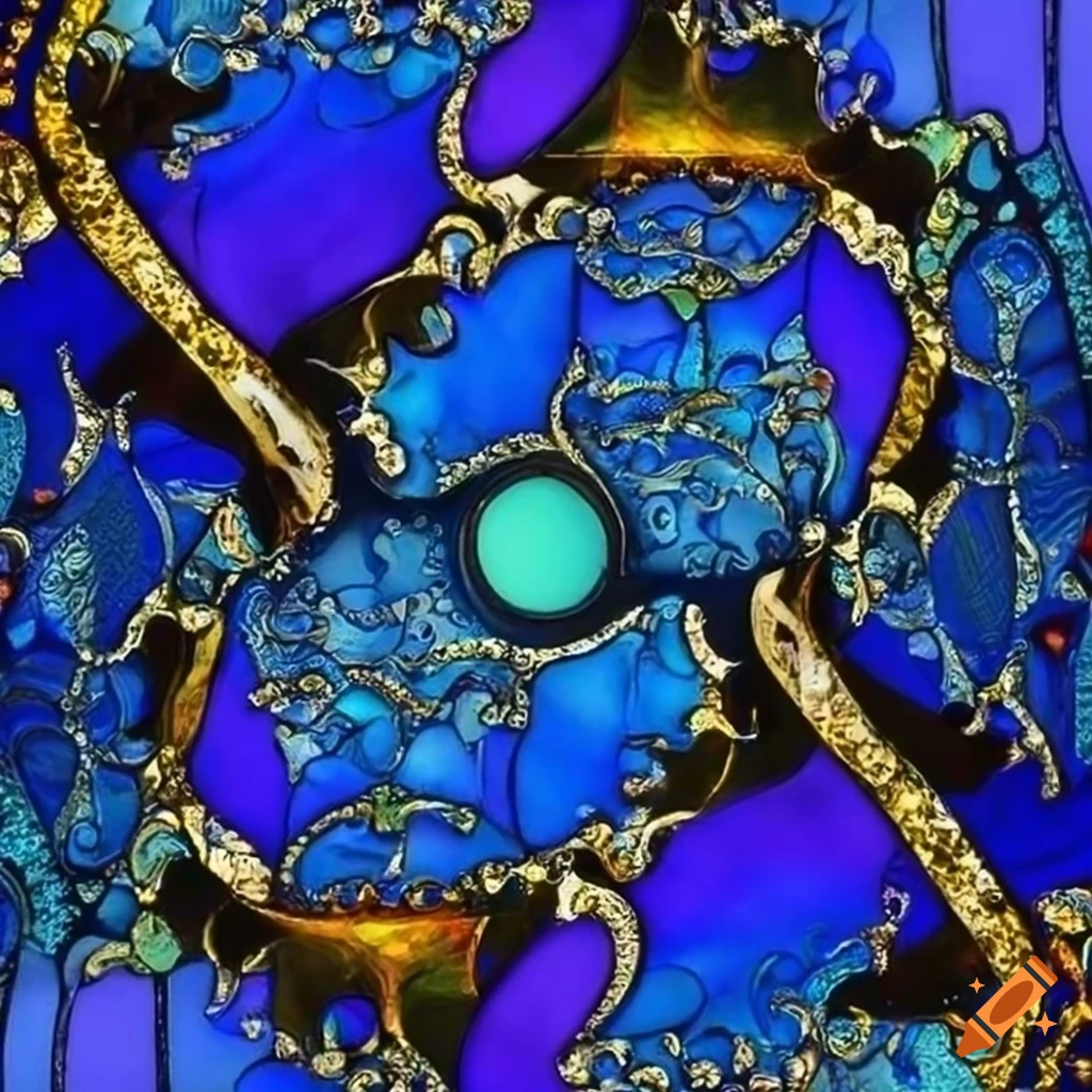 Stained glass artwork in blue tones inspired by max ernst on Craiyon