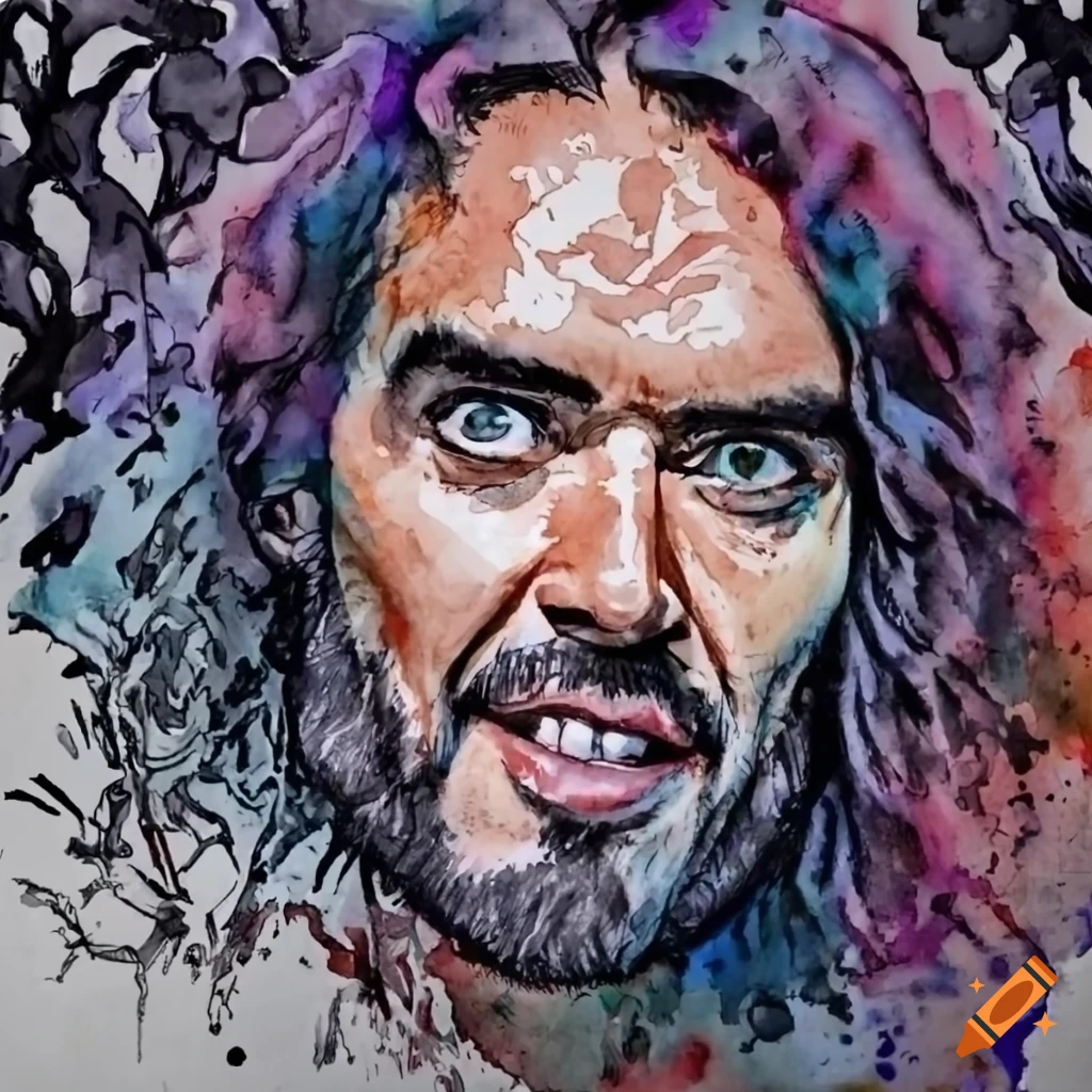 Black and white portrait of russell brand in bernie wrightson's style