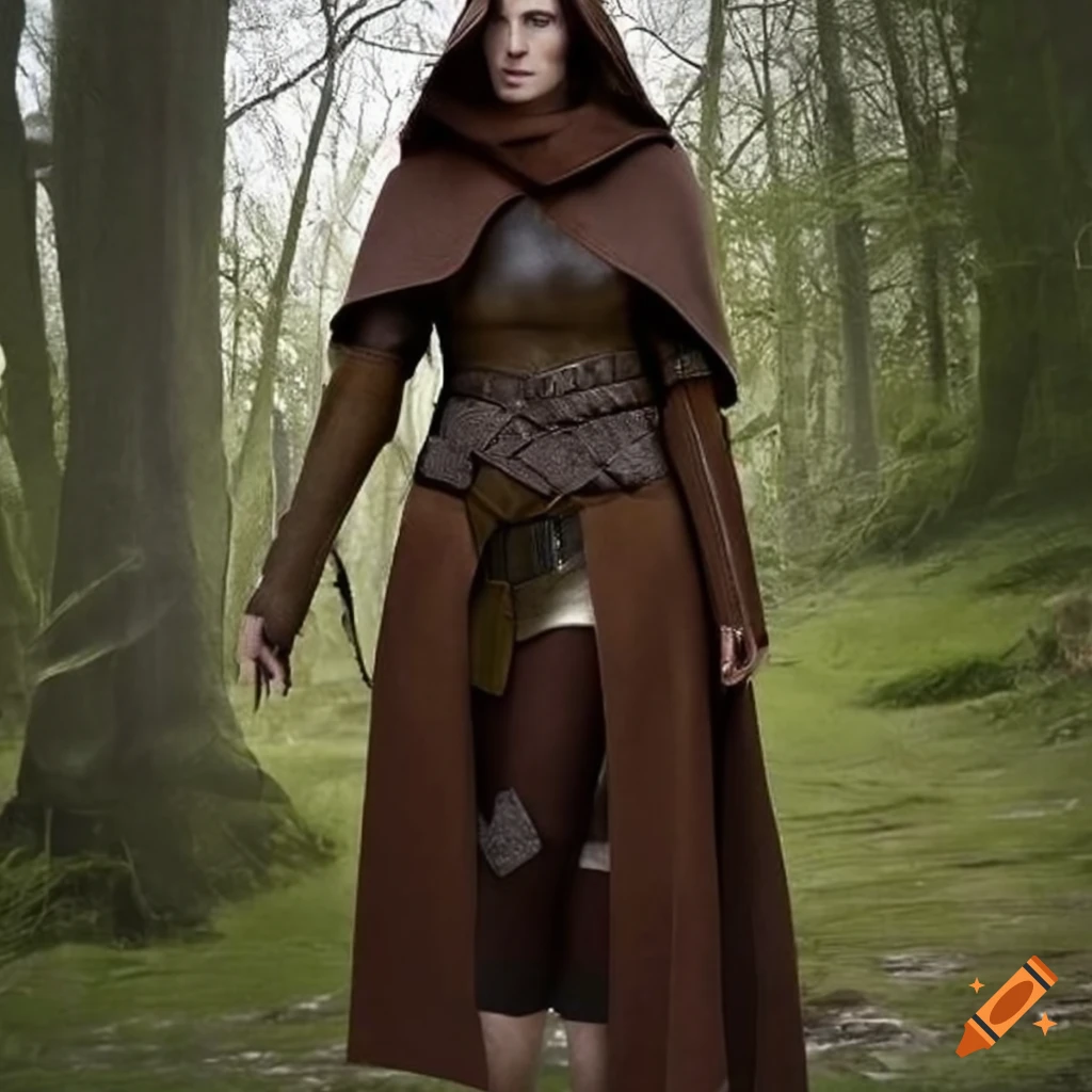Cosplay of a woman wearing leather armor and a hood on Craiyon