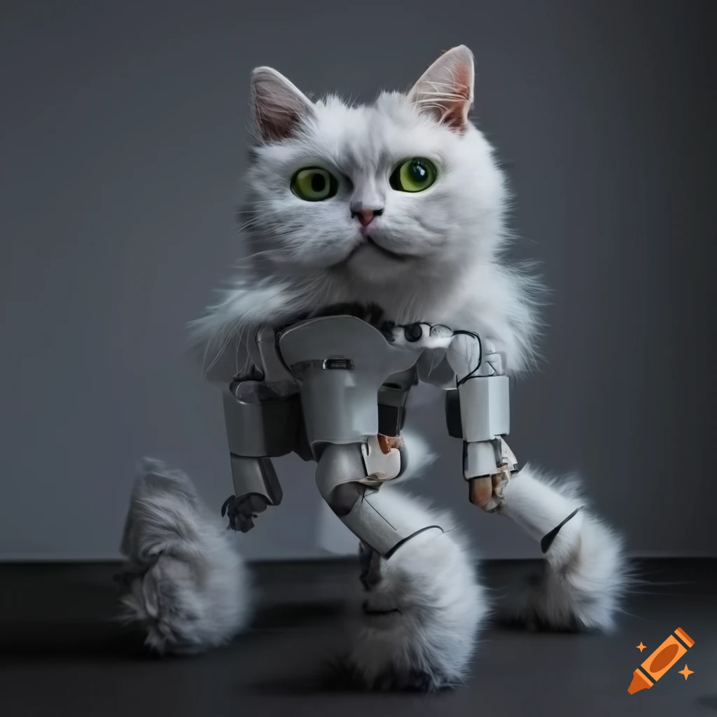 Grey furry mechanical cat robot on Craiyon