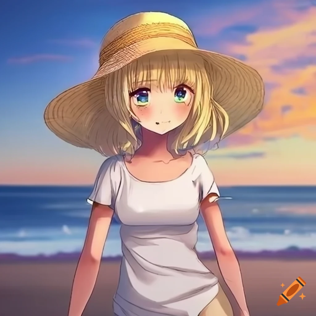 Anime blonde girl with a straw hat twirling a sleeveless white