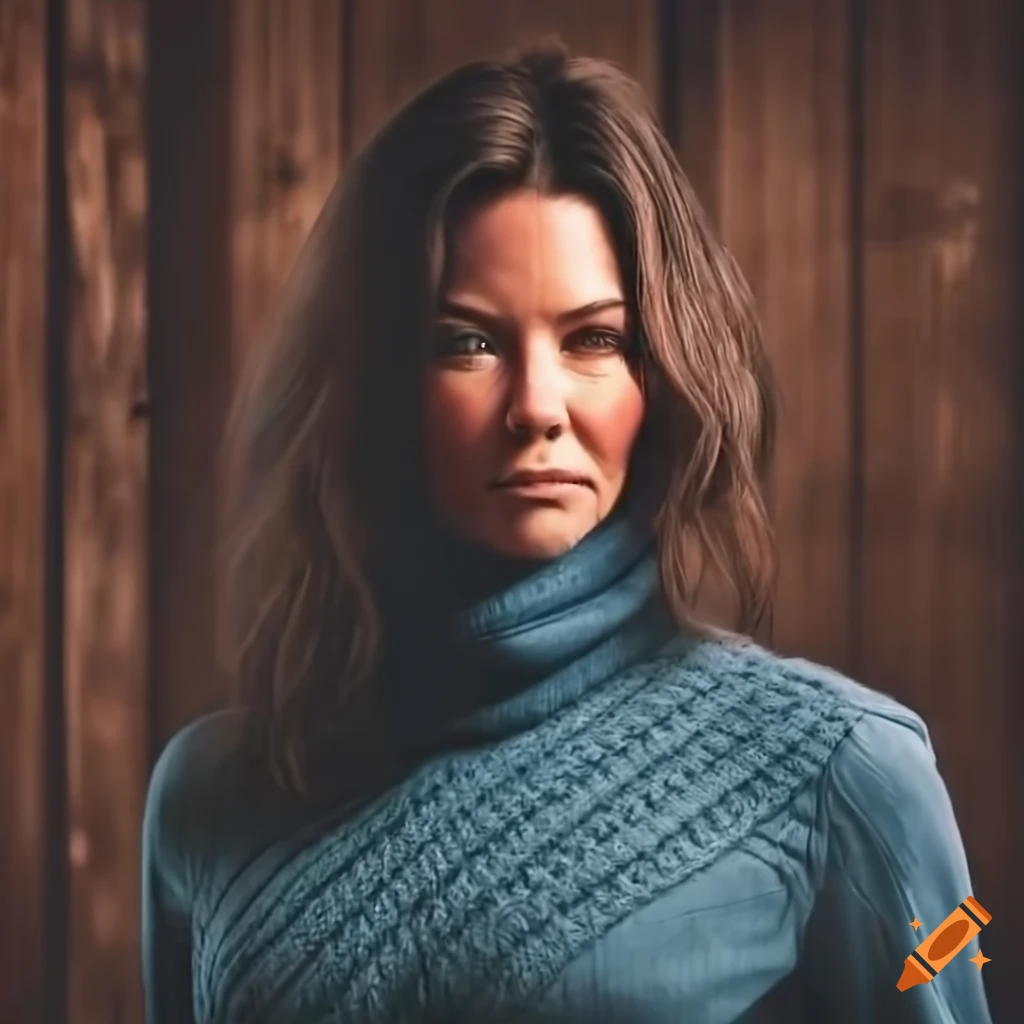 Portrait of a woman in a blue sweater and black leather trousers
