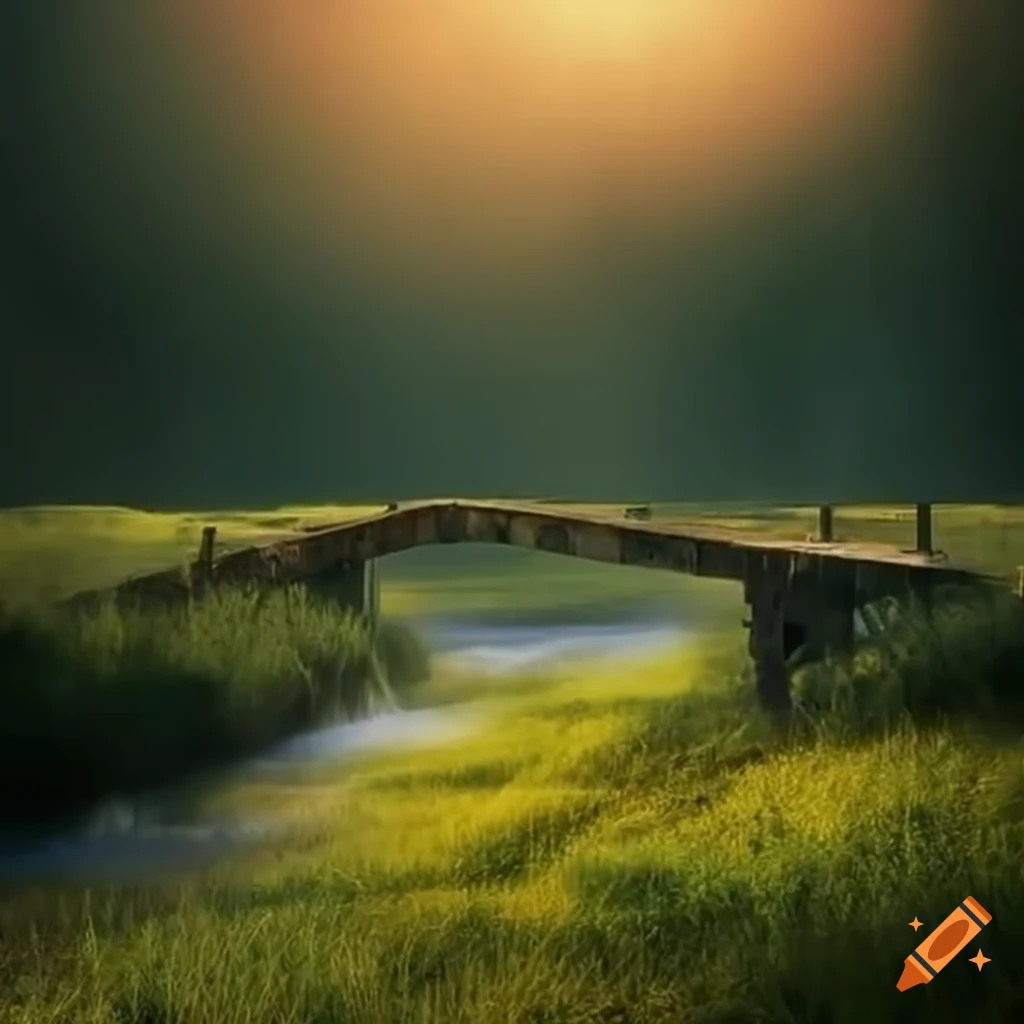 medieval wooden bridge over river in a meadow