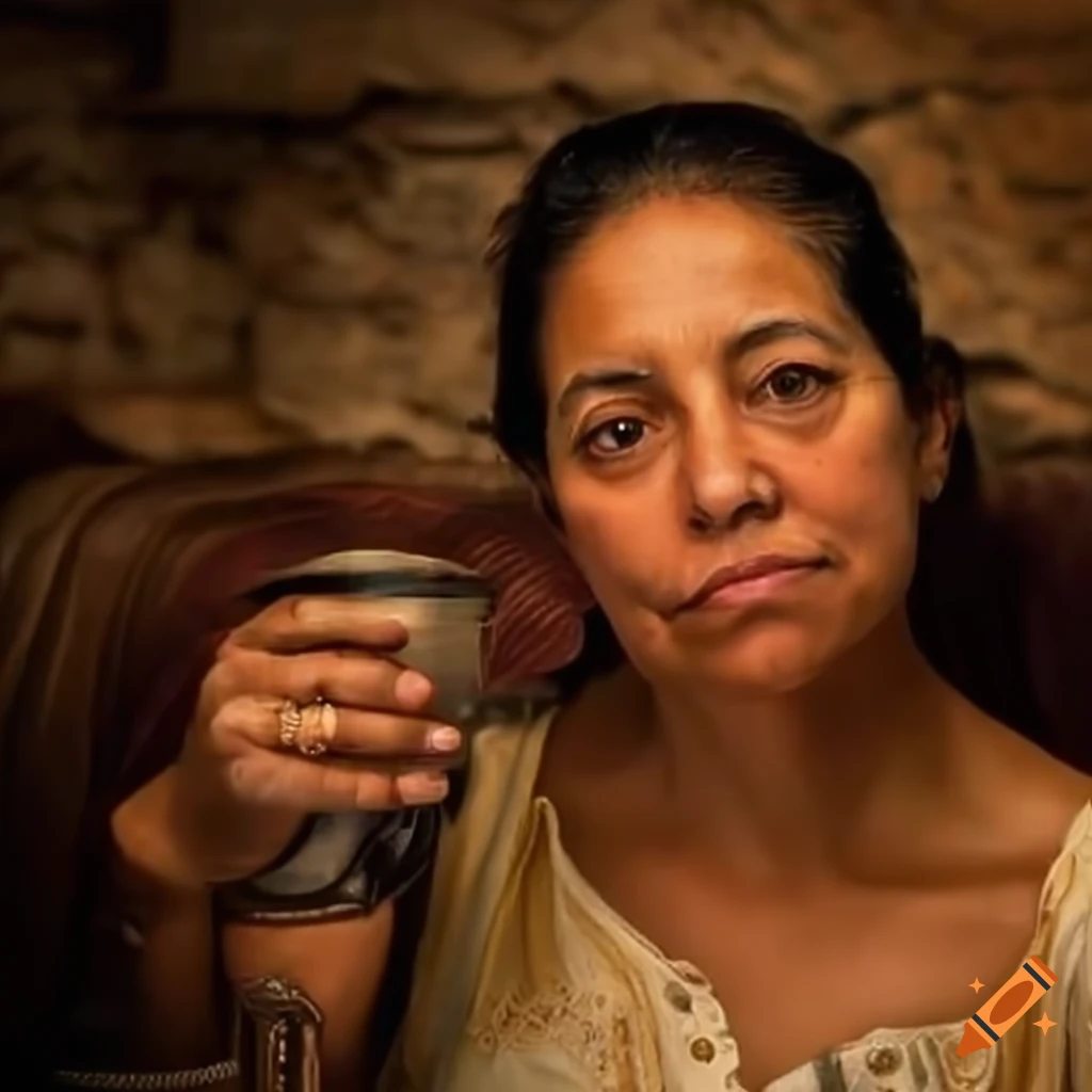 female innkeeper warmly welcoming guests in a medieval setting