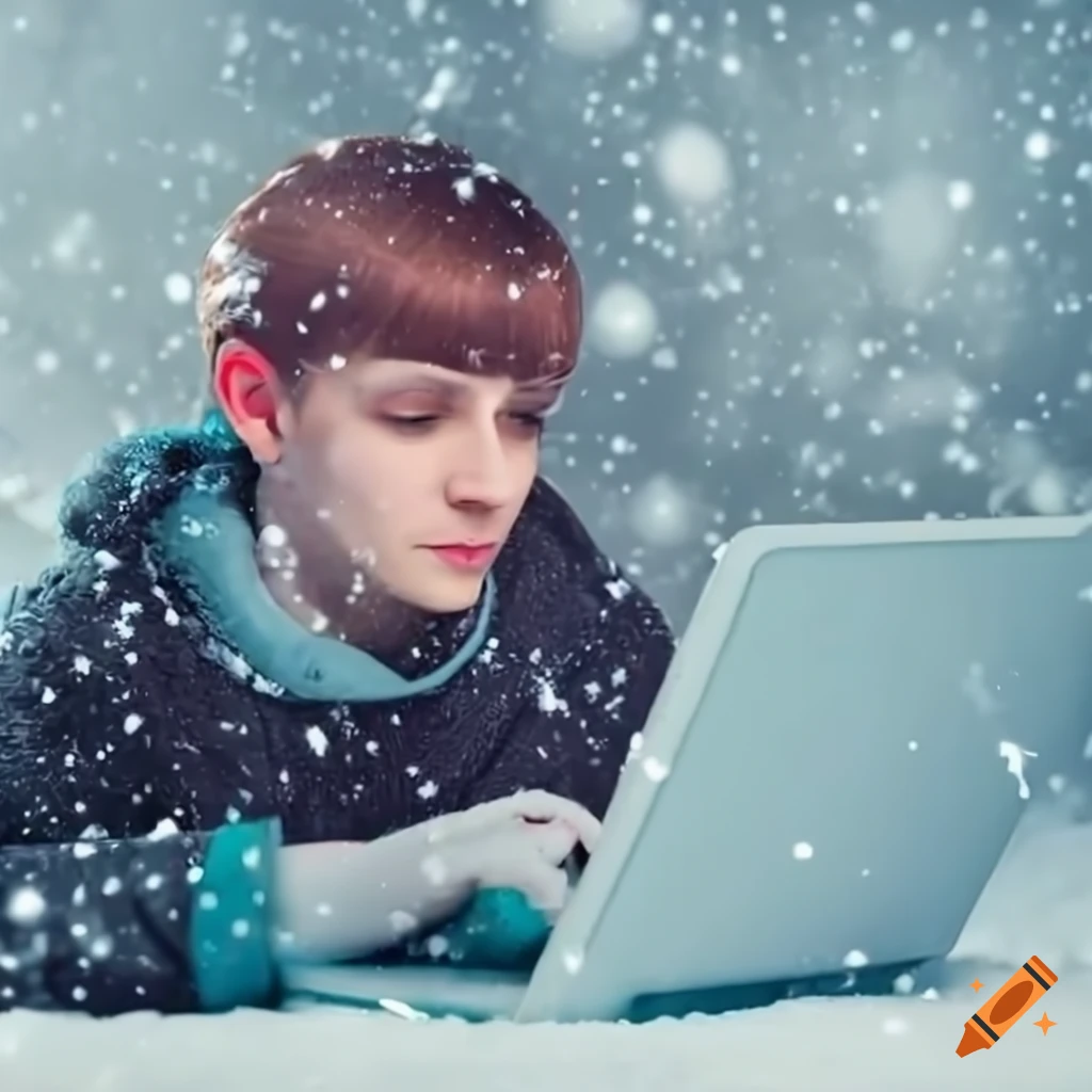  Student studying at a snowy desk with a computer on Craiyon