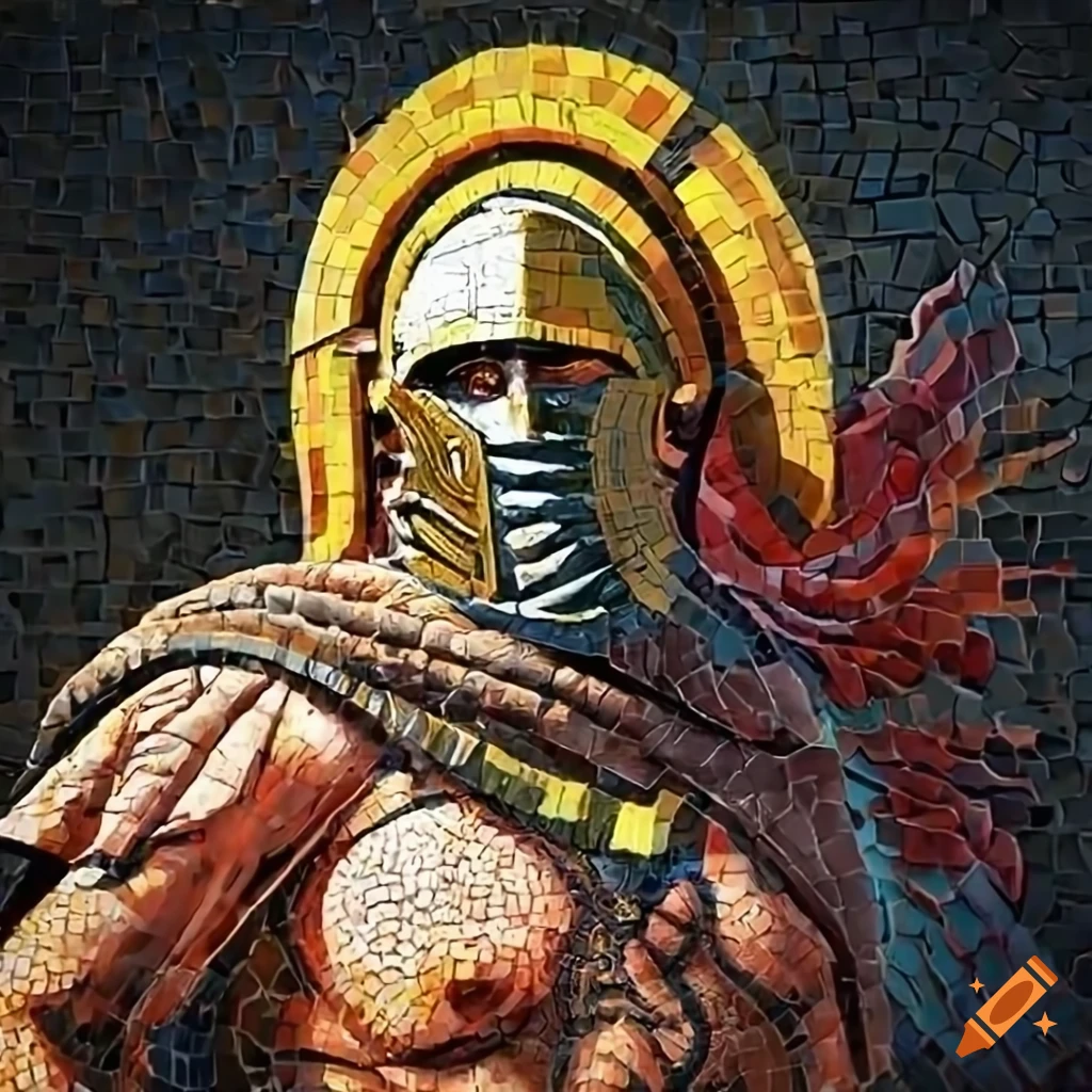 photorealistic mosaic painting of a Pikachu as a Roman warrior