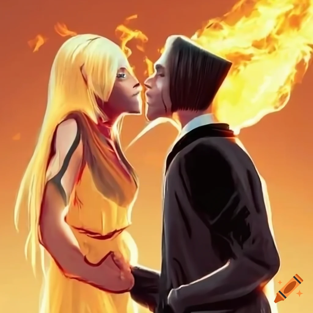 man saving woman from fire in a night scene