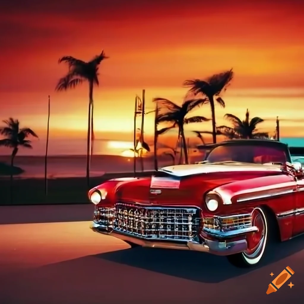red Cadillac in Miami with sunset and palm trees