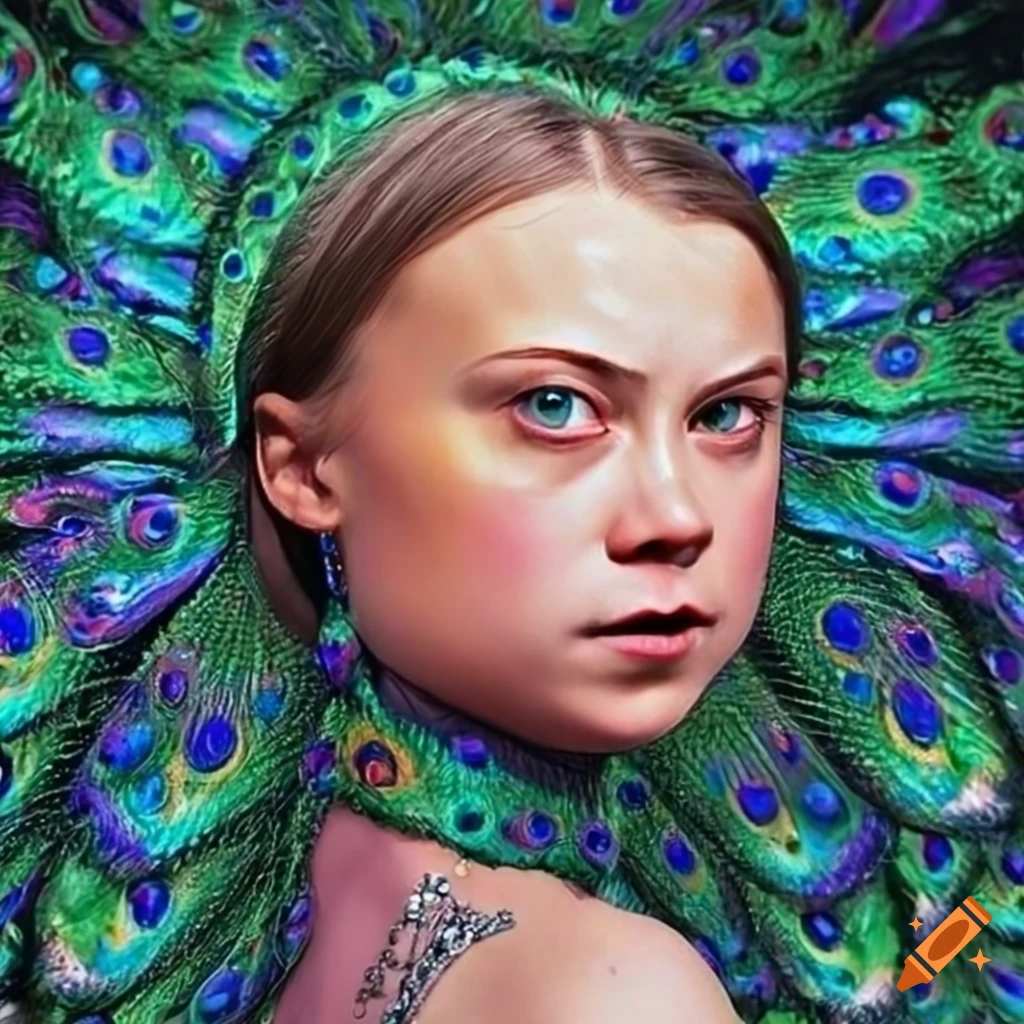 detailed pinup of Greta Thunberg with peacock-inspired skin