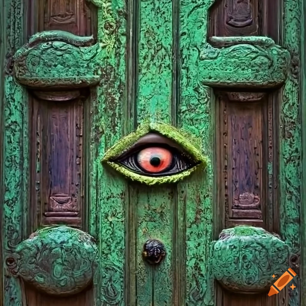 ancient moss-covered baroque door with the all-seeing eye of God
