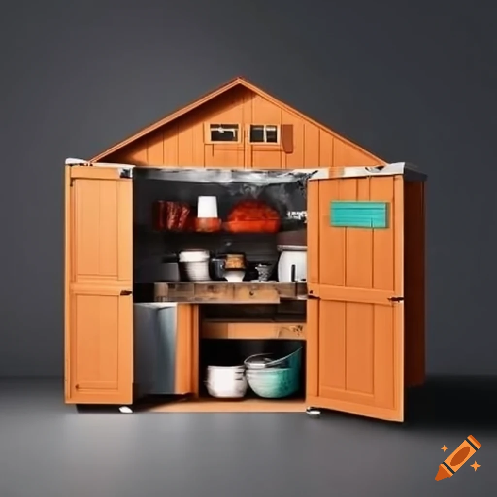 Organized kitchen appliances in a cook portable storage shed on Craiyon