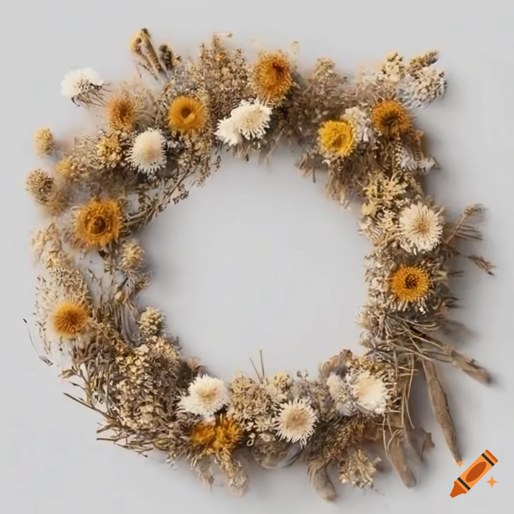 Flatlay of boho wildflowers and dried flowers wreath on Craiyon