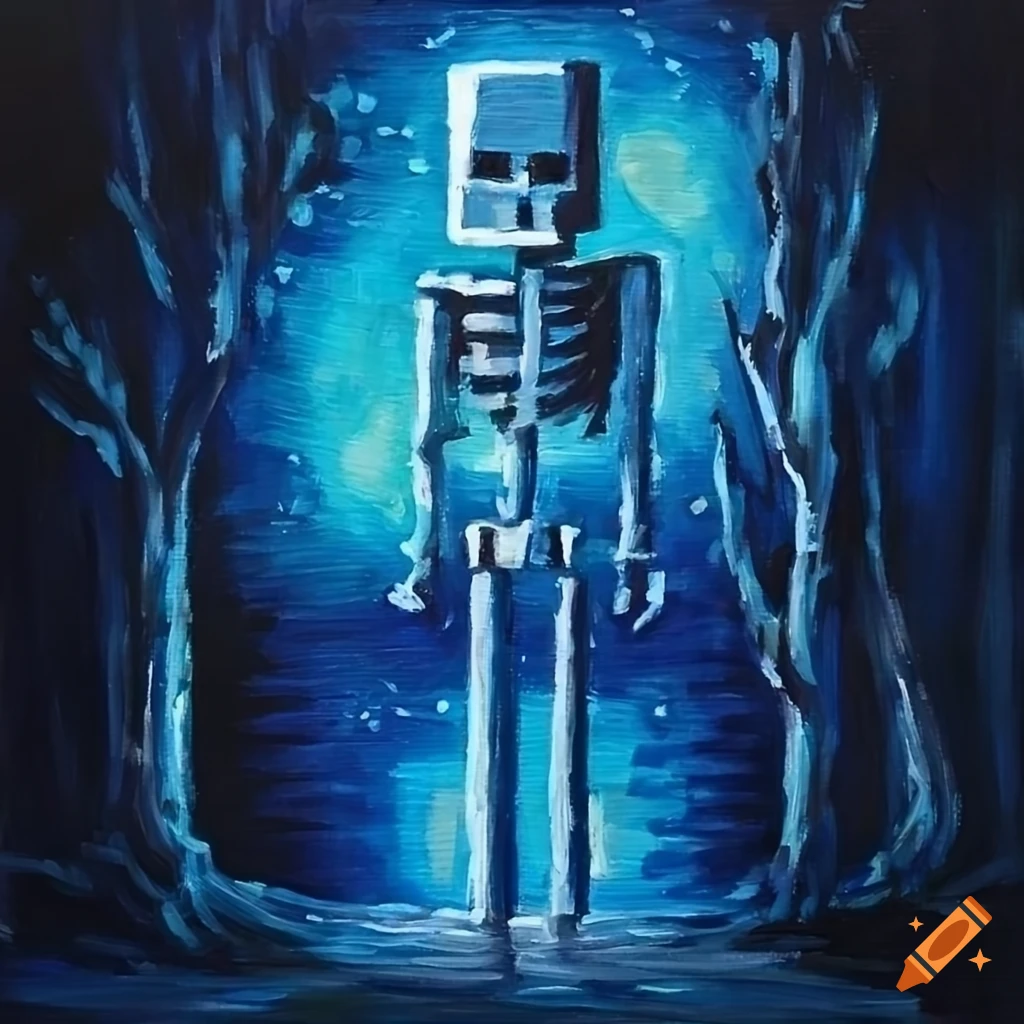 Blue minecraft skeleton in a flower field at night, depicted in oil
