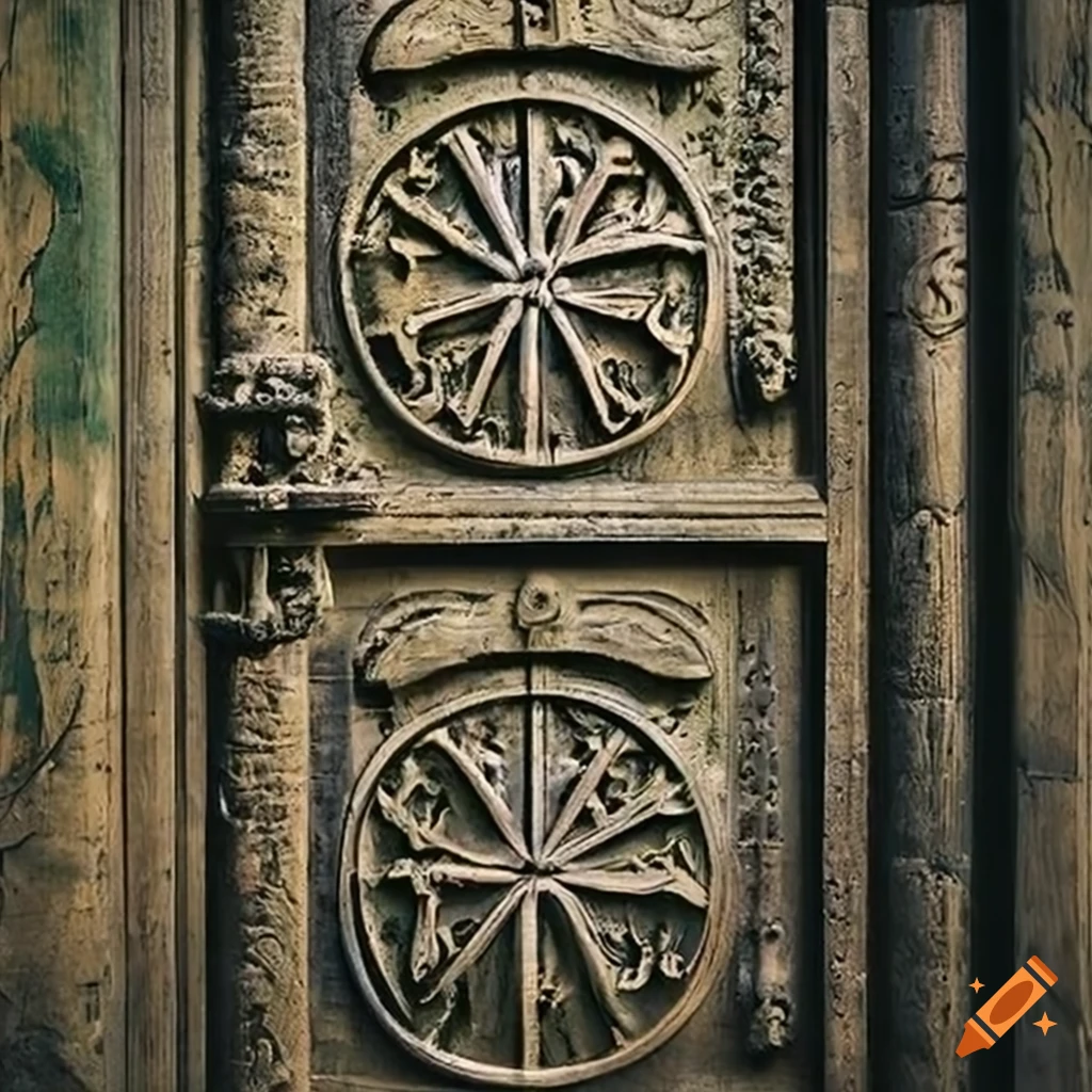 Engraved Solar Symbols On Moss covered Doors engraved-solar-symbols-on-moss-covered-doors