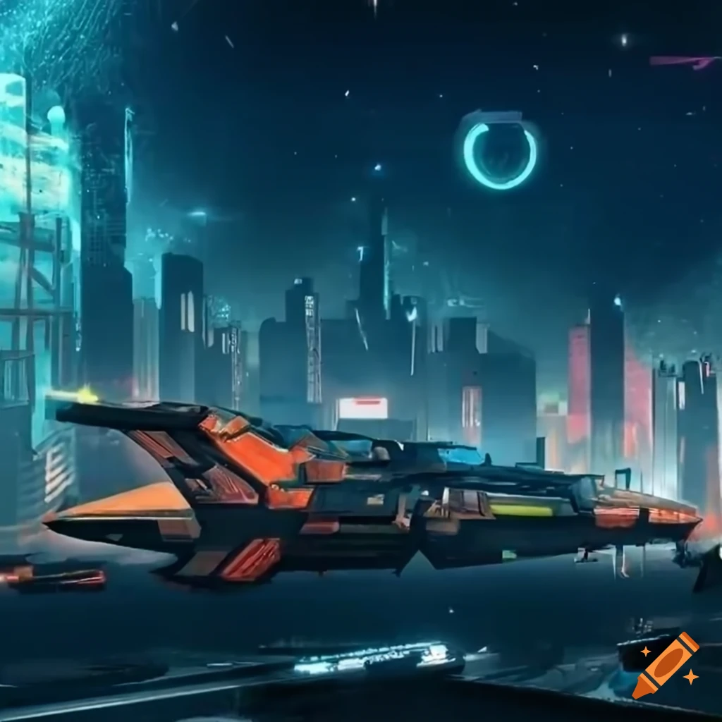Spaceship landing in a cyberpunk town on Craiyon