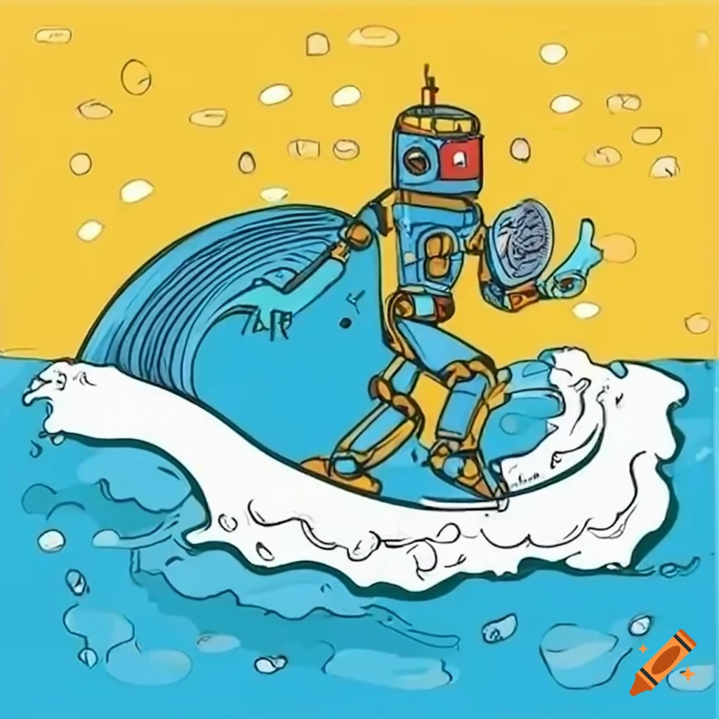 Python robot riding a wave with a bitcoin on Craiyon