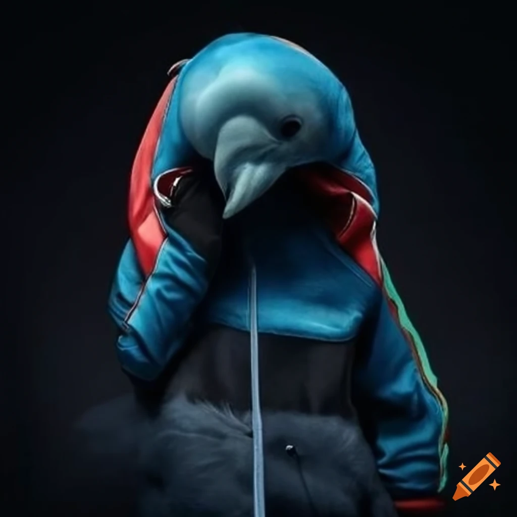humorous image of a dolphin in a tracksuit