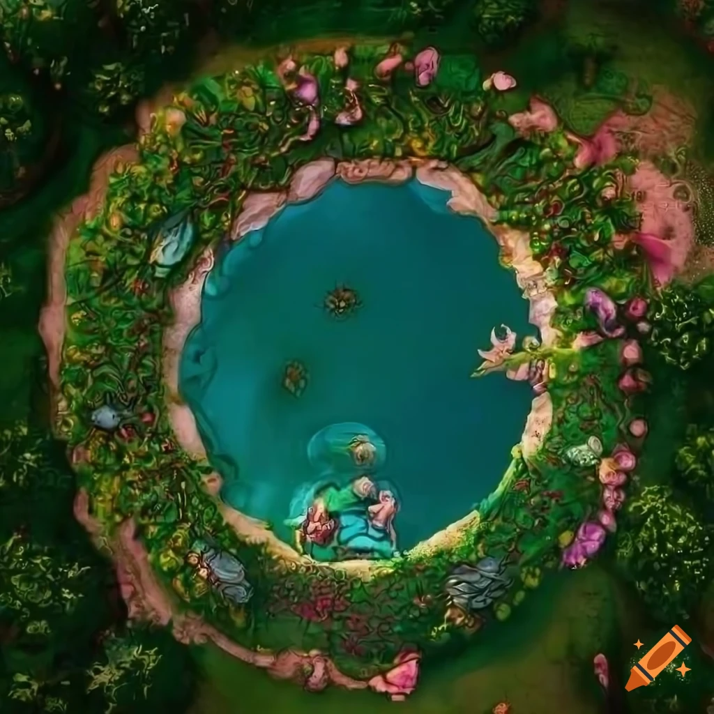 Top-down view of a fantasy garden with extravagant decorations on Craiyon