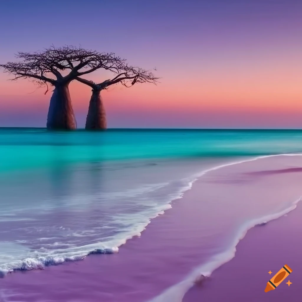 plage de sable violet et mer turquoise