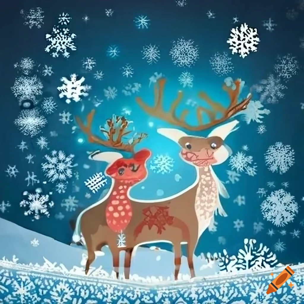 festive greeting card with snowflakes and reindeer
