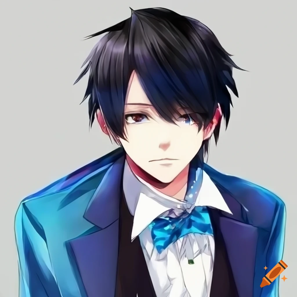 anime boy in blue tuxedo with a smirk