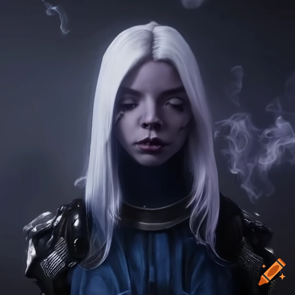 Portrait Of A Dark Blue Skinned Alien Girl With Purple Eyes And White Hair On Craiyon 4426