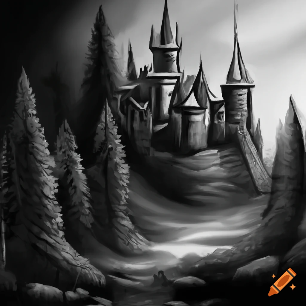 black and white photo of a castle in the forest