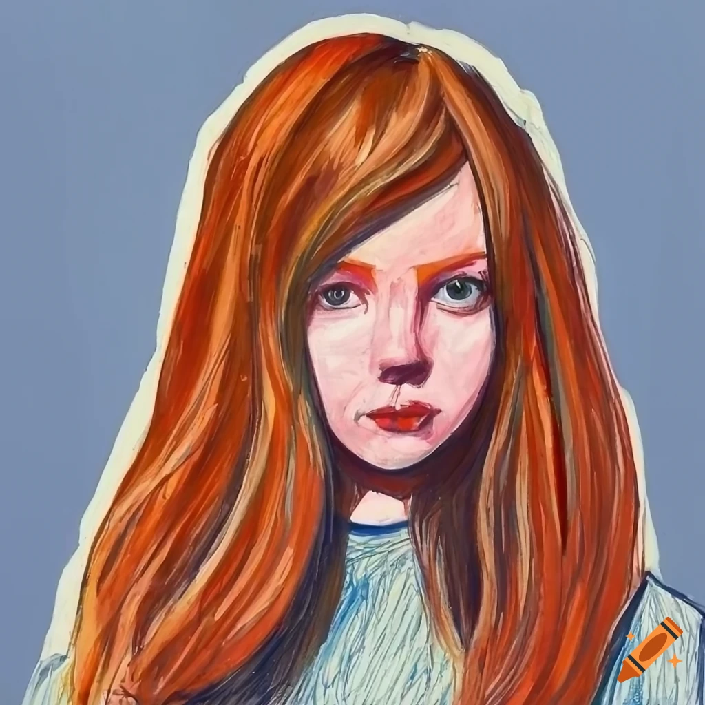 portrait of red-haired girl against industrial landscape