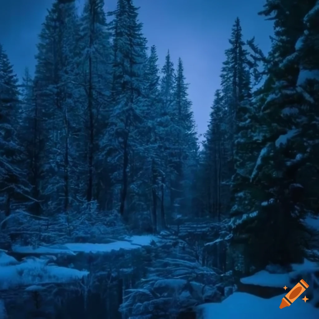nighttime winter landscape of evergreen forest