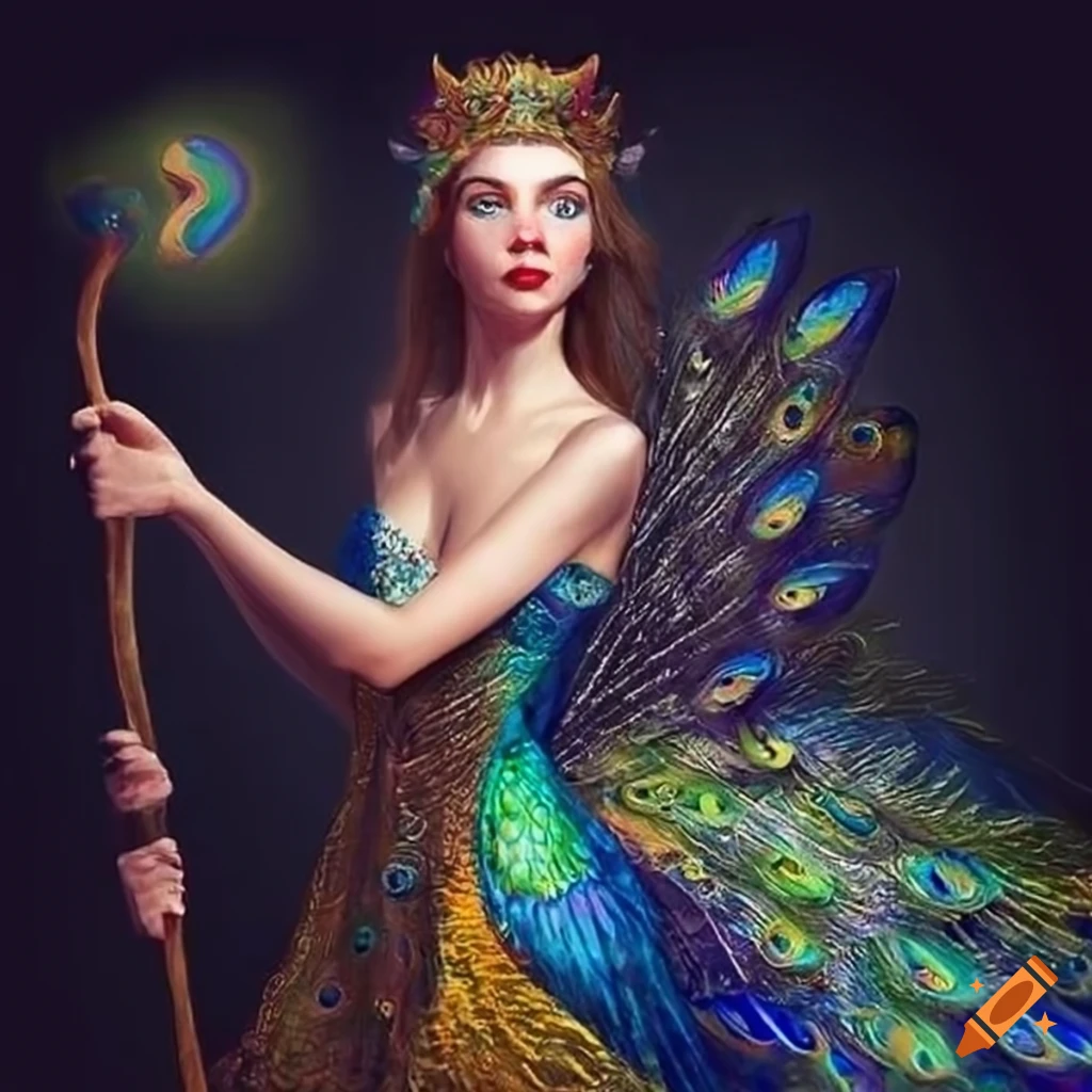 woman in a peacock dress with a magic staff