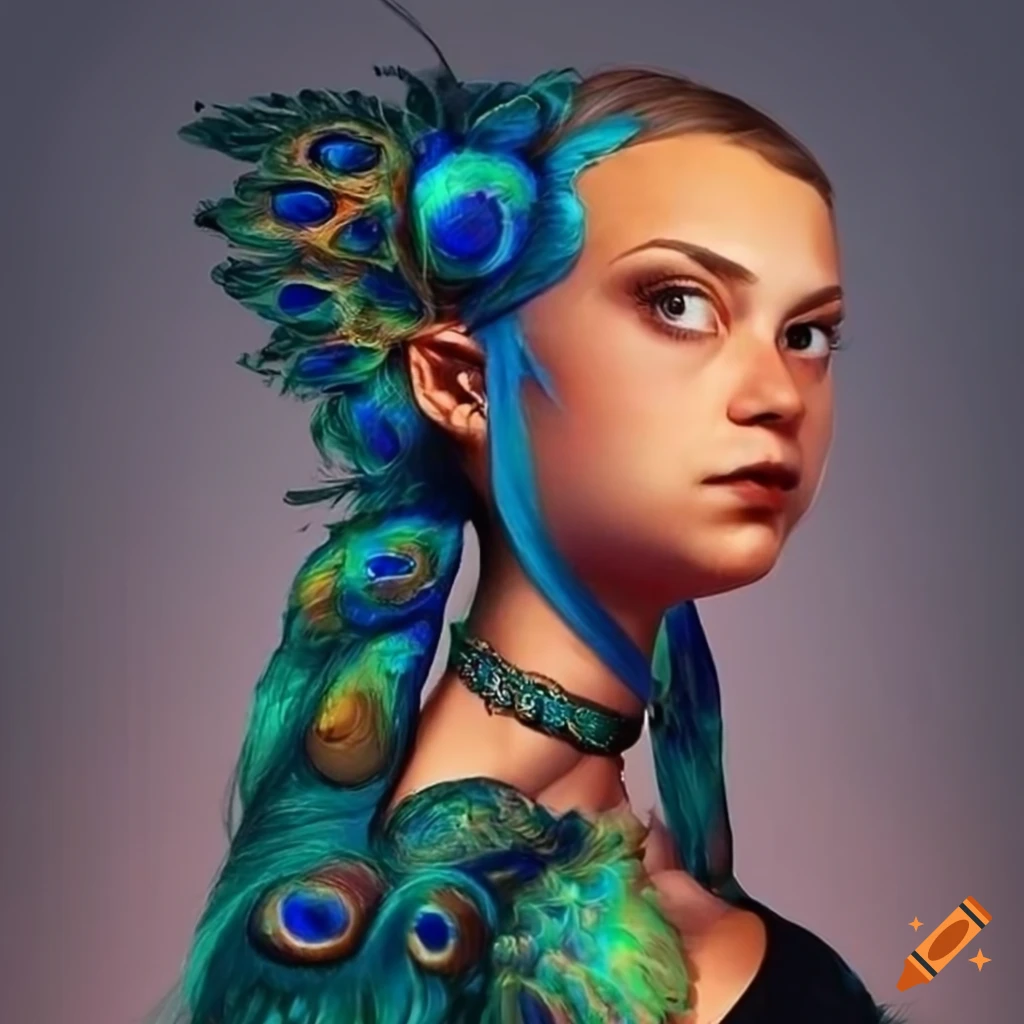 artistic depiction of Greta Thunberg with peacock-inspired skin