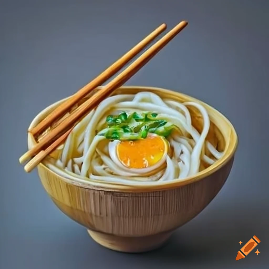 Delicious japanese noodle dish in a bamboo bowl on Craiyon