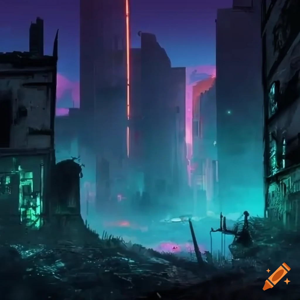 Post-apocalyptic urban landscape with neon lights on Craiyon