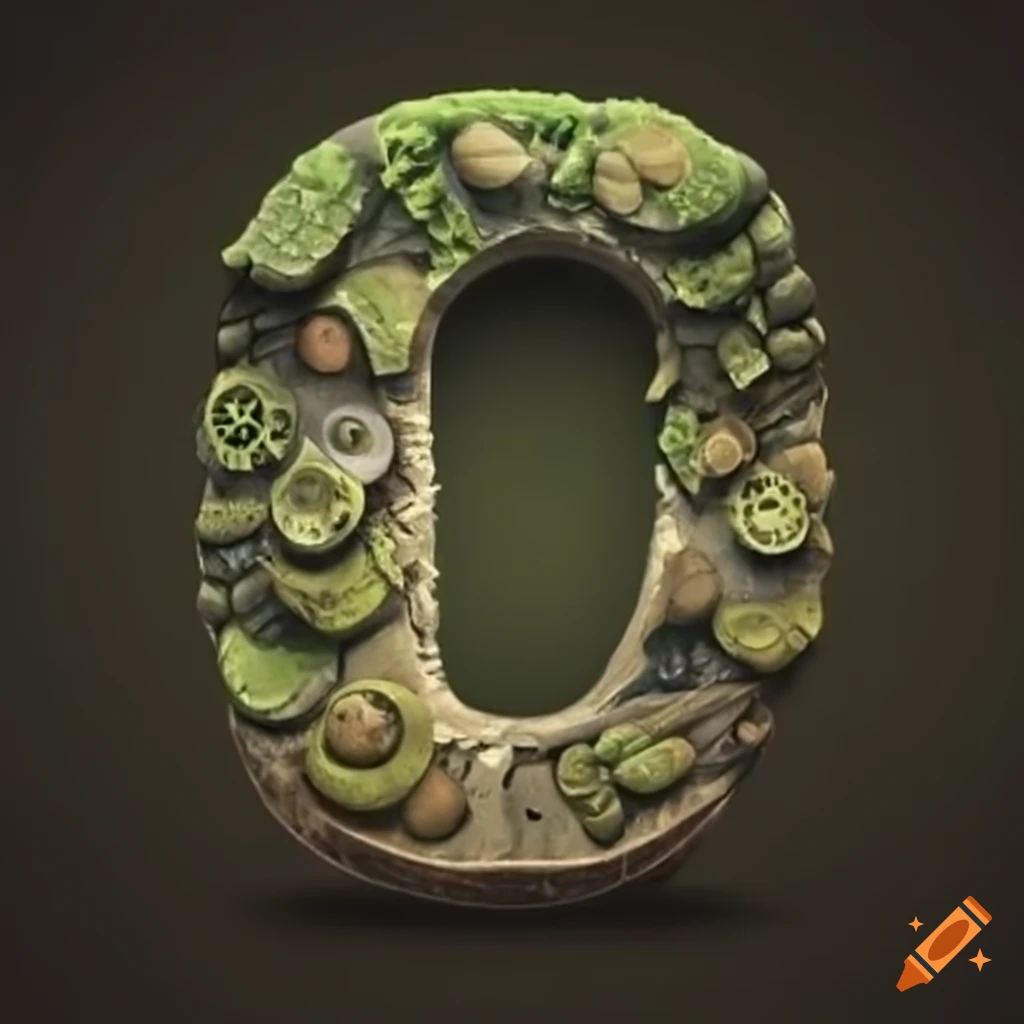 steampunk stone letter 'A' on moss-covered wall