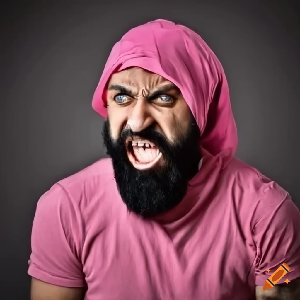 portrait of a man with black beard and pink hijab