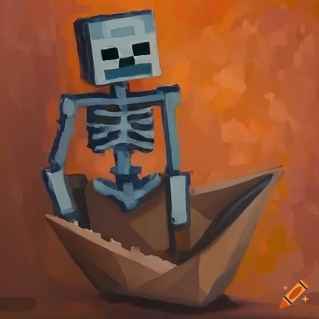Oil painting of a minecraft skeleton in a boat on Craiyon