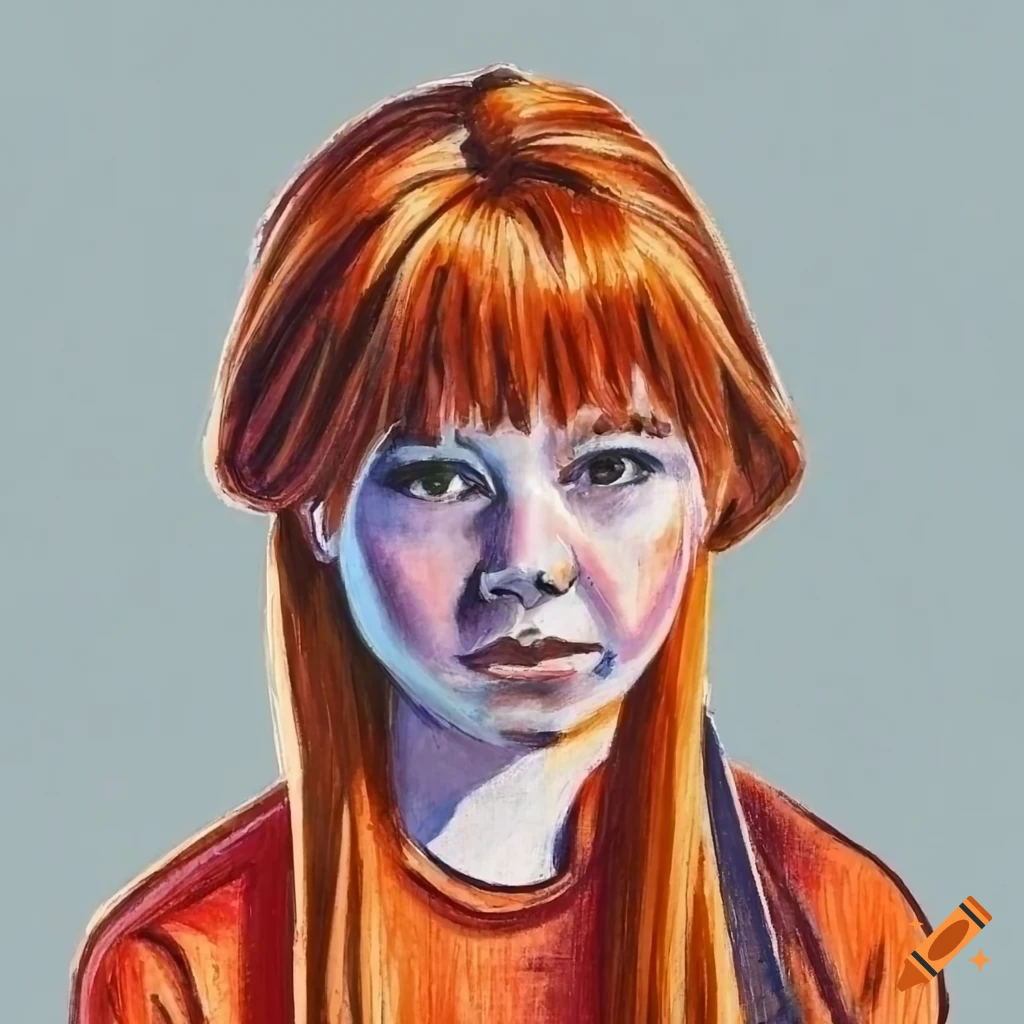 portrait of red-haired girl against industrial landscape